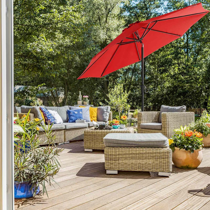 Image of a red 3 metre garden umbrella 