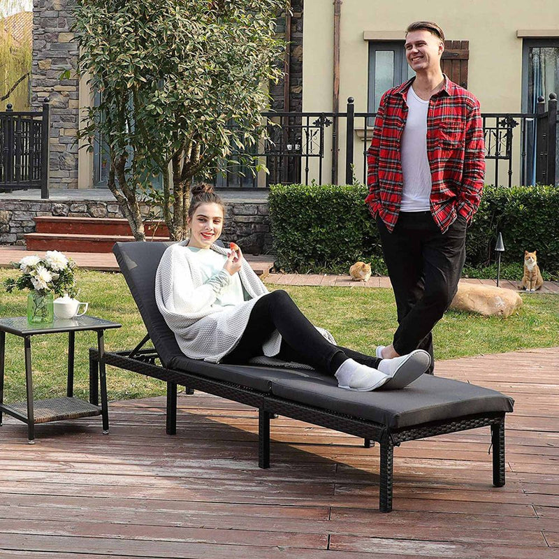 Image of Black PE Rattan Sun Lounger With Grey Cushion