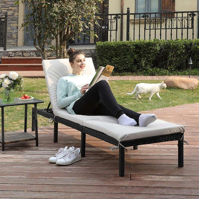 Image of Black PE Rattan Sun Lounger With White Cushion
