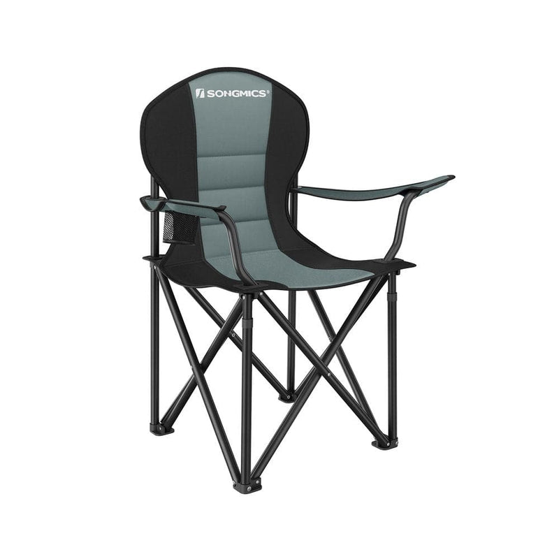 Image of a folding camping chair with cup holder in the arm