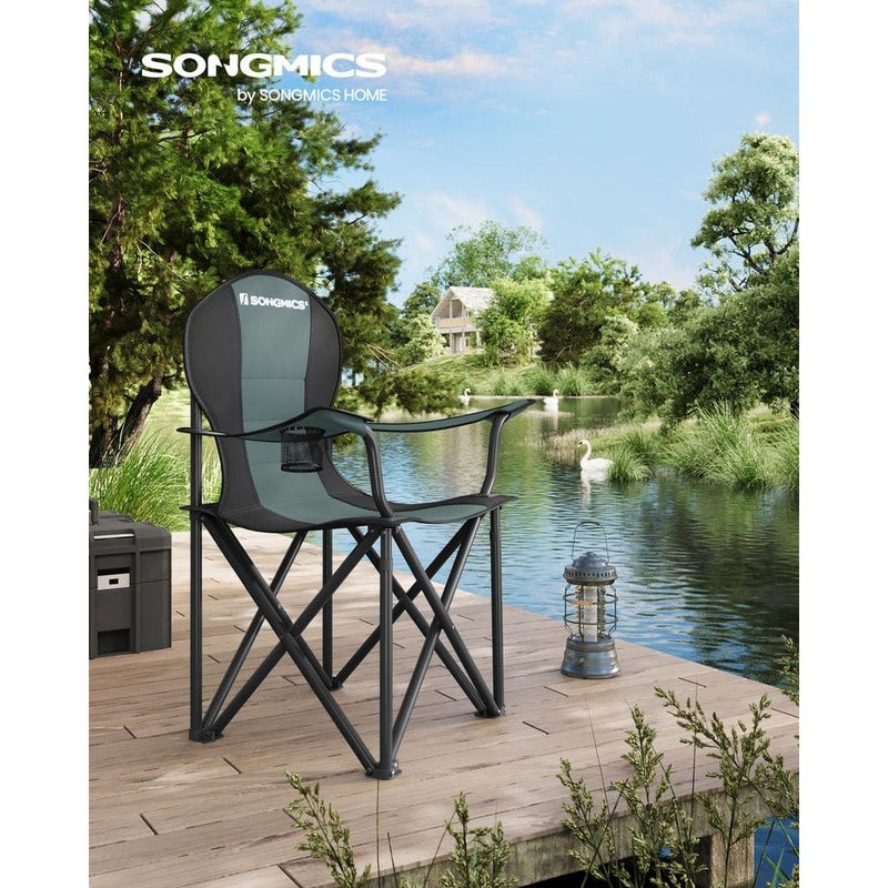 Image of a folding camping chair with cup holder in the arm