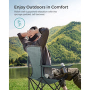 Image of a folding camping chair with cup holder in the arm