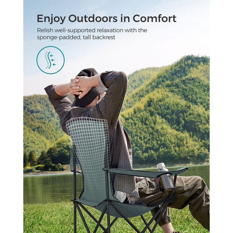 Image of a folding camping chair with cup holder in the arm