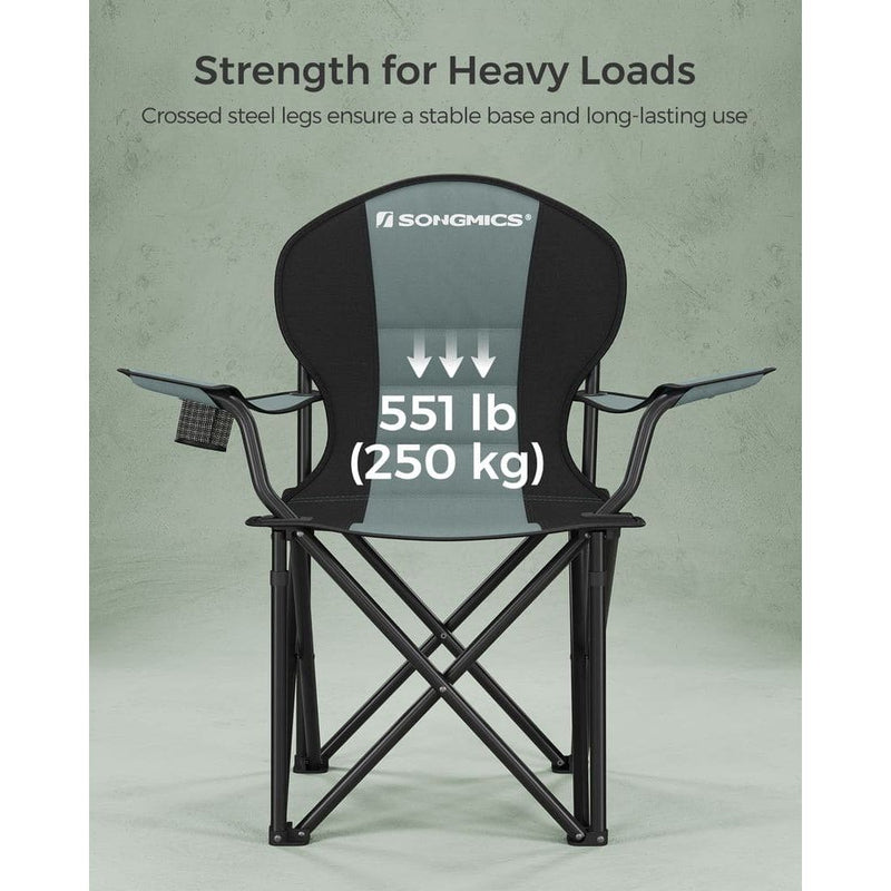 Image of a folding camping chair with cup holder in the arm