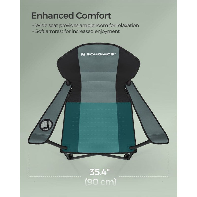 Image of a folding camping chair with cup holder in the arm