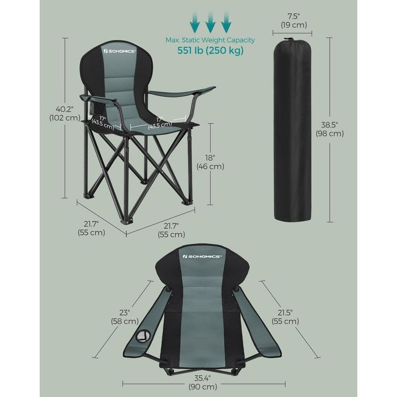 Image of a folding camping chair with cup holder in the arm