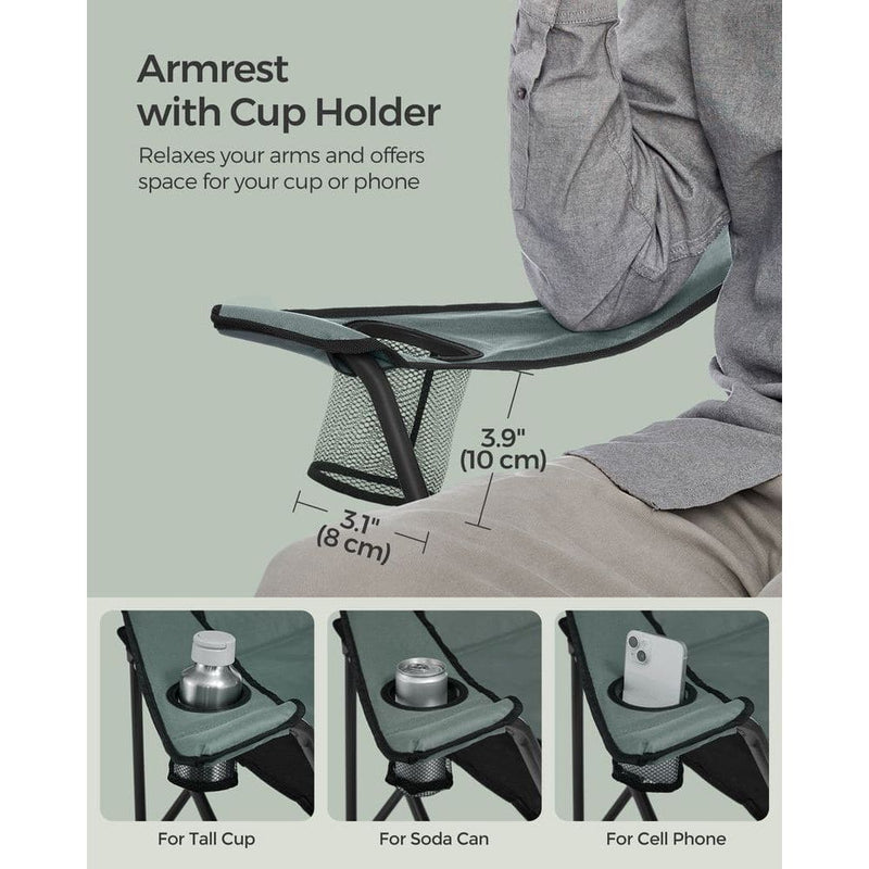 Image of a folding camping chair with cup holder in the arm