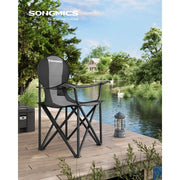 Image of a folding camping chair with cup holder in the arm
