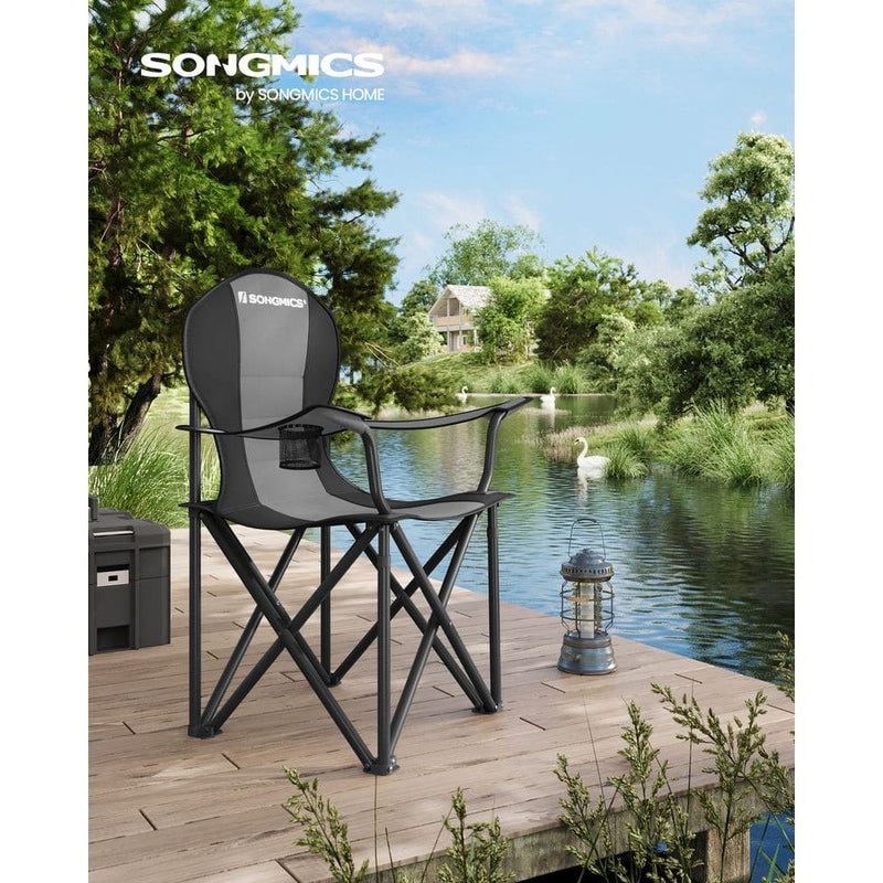 Image of a folding camping chair with cup holder in the arm