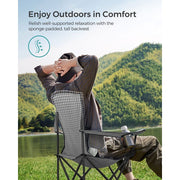 Image of a folding camping chair with cup holder in the arm