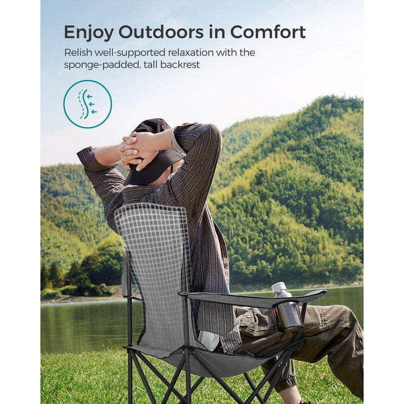 Image of a folding camping chair with cup holder in the arm