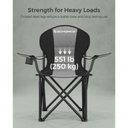 Image of a folding camping chair with cup holder in the arm