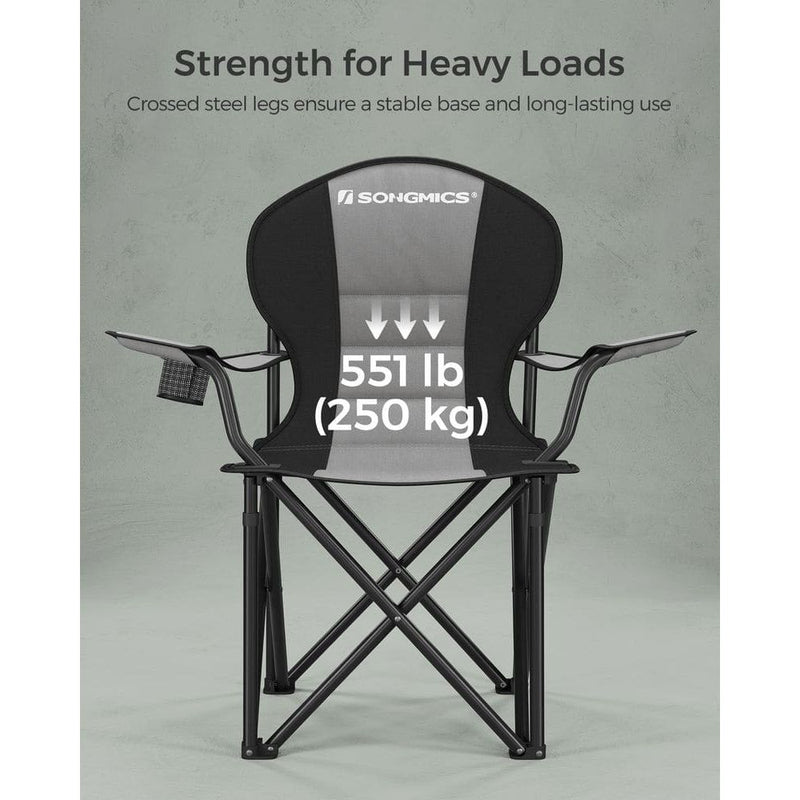 Image of a folding camping chair with cup holder in the arm
