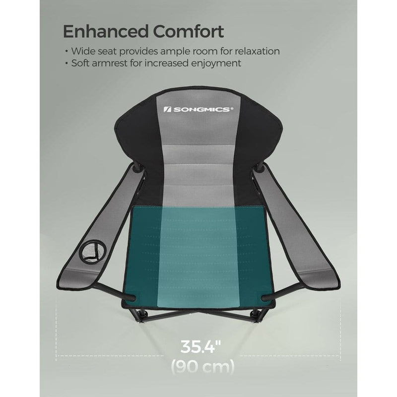 Image of a folding camping chair with cup holder in the arm