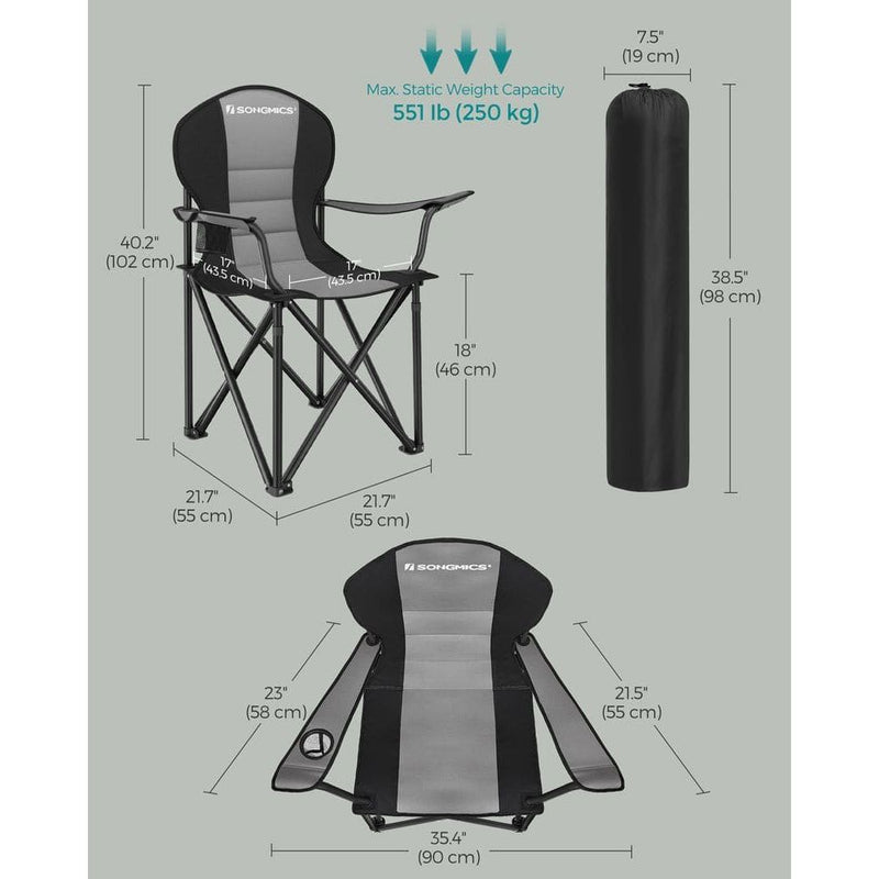 Image of a folding camping chair with cup holder in the arm