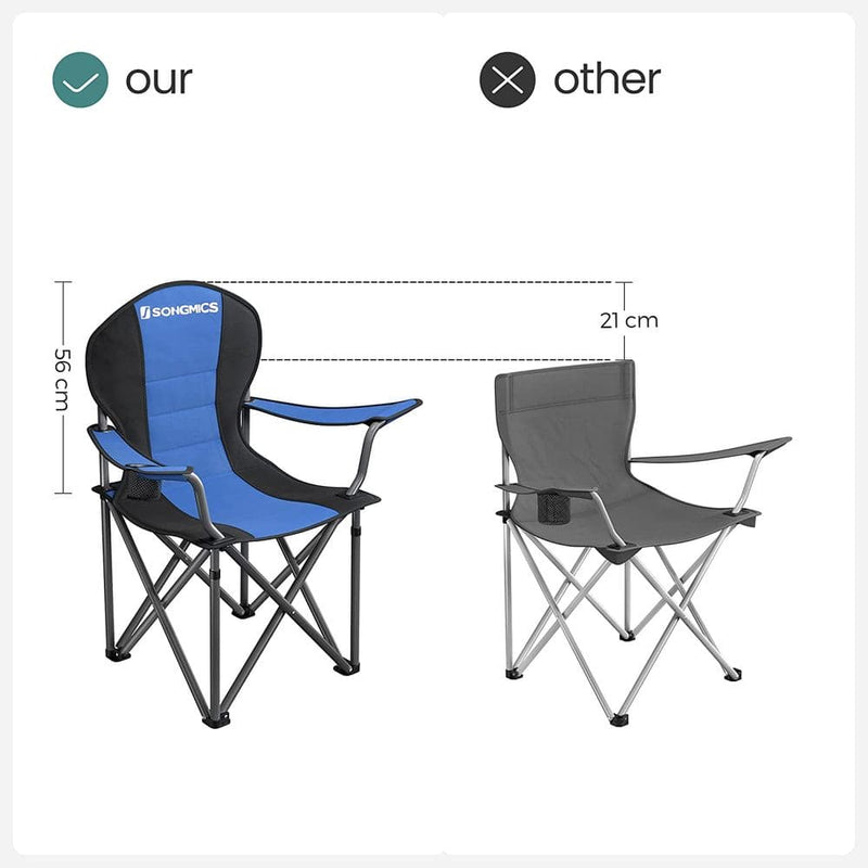 Image of a folding camping chair with cup holder in the arm