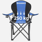 Image of a folding camping chair with cup holder in the arm