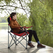 Image of a folding camping chair with cup holder in the arm