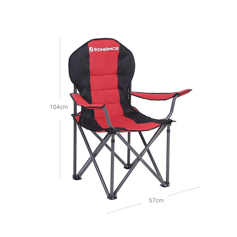 Image of a folding camping chair with cup holder in the arm