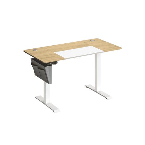 Image of a Songmics Standing Home Office Desk Finished With a Straw Yellow Wooden Tabletop and White Metal Legs and Frame. There is a grey fabric pocket on the side that can be used or books and stationary.