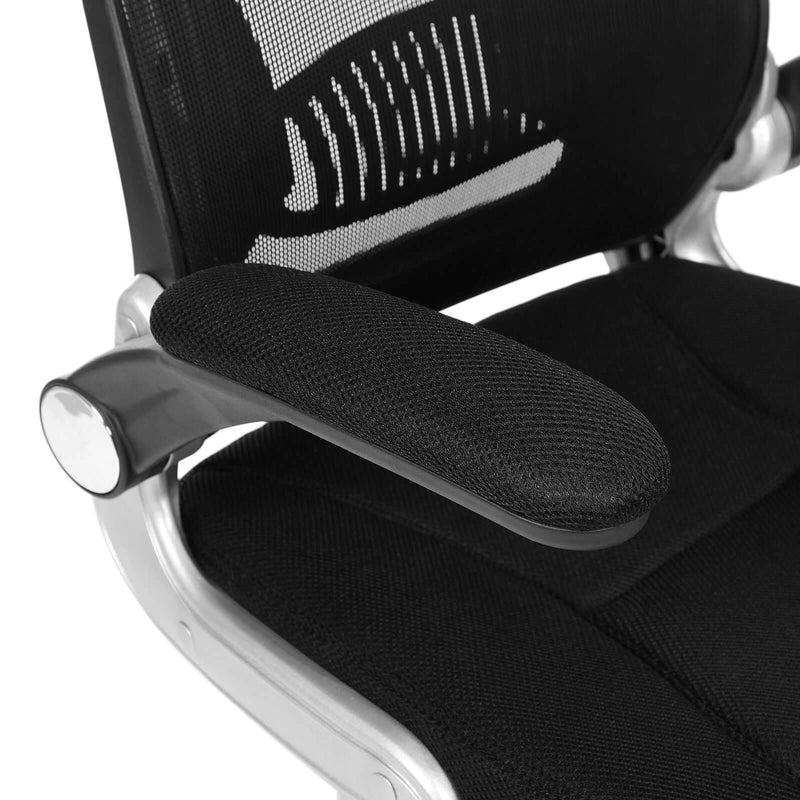 Image of a black ergonomic mesh back high back desk chair with wheels and lift up arms and adjustable height.