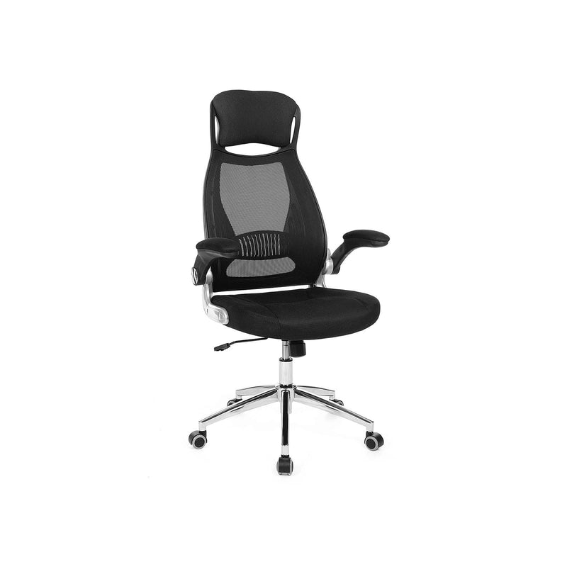 Image of a black ergonomic mesh back high back desk chair with wheels and lift up arms and adjustable height.