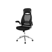 Image of a black ergonomic mesh back high back desk chair with wheels and lift up arms and adjustable height.