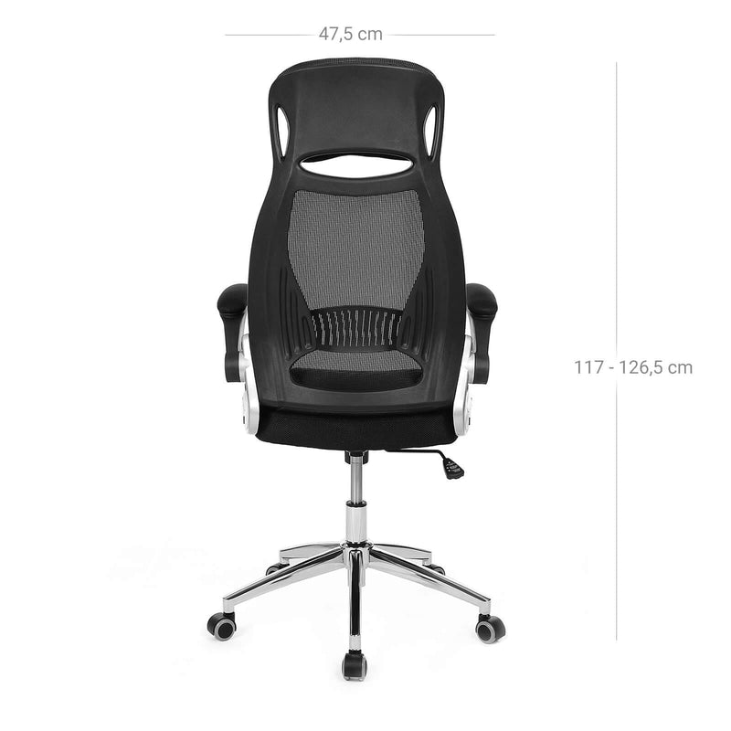 Image of a black ergonomic mesh back high back desk chair with wheels and lift up arms and adjustable height.