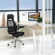 Image of a black ergonomic mesh back high back desk chair with wheels and lift up arms and adjustable height.