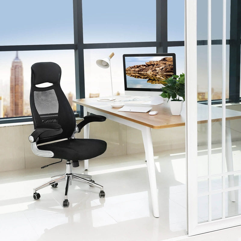 Image of a black ergonomic mesh back high back desk chair with wheels and lift up arms and adjustable height.