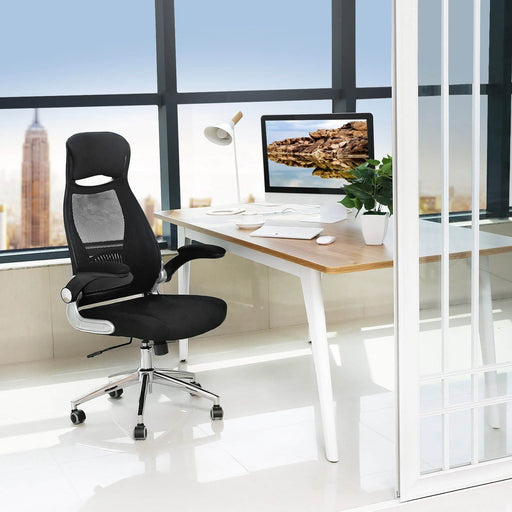 Image of a black ergonomic mesh back high back desk chair with wheels and lift up arms and adjustable height.
