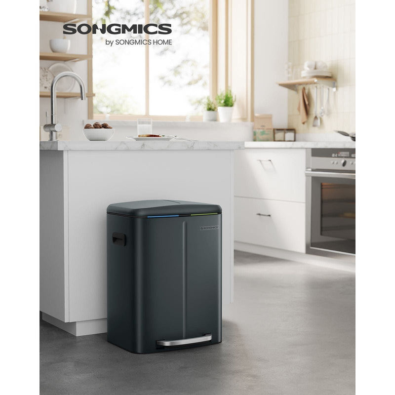 Image of a Songmics Double Kitchen Bin in a Greenish Grey Colour.
