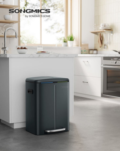 Image of a Songmics Double Kitchen Bin in a Greenish Grey Colour.