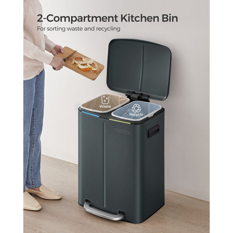 Image of a Songmics Double Kitchen Bin in a Greenish Grey Colour.