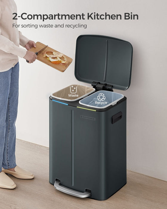 Image of a Songmics Double Kitchen Bin in a Greenish Grey Colour.