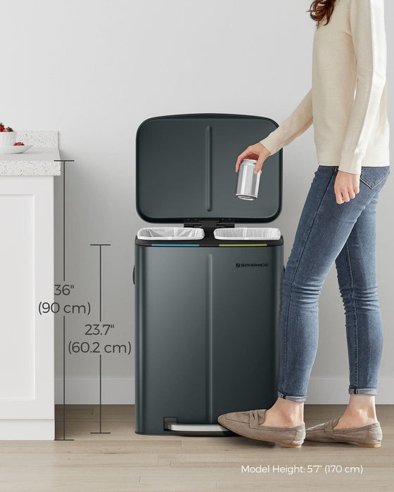 Image of a Songmics Double Kitchen Bin in a Greenish Grey Colour.