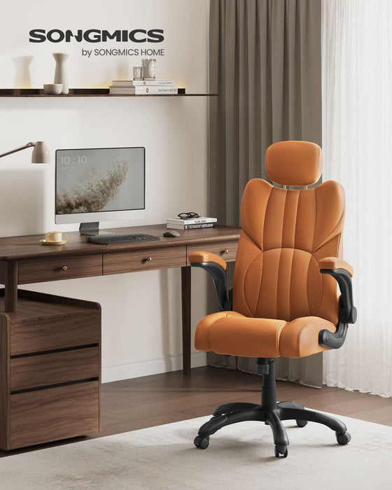 Caramel Brown Faux Leather Gaming Desk Chair With Wheels