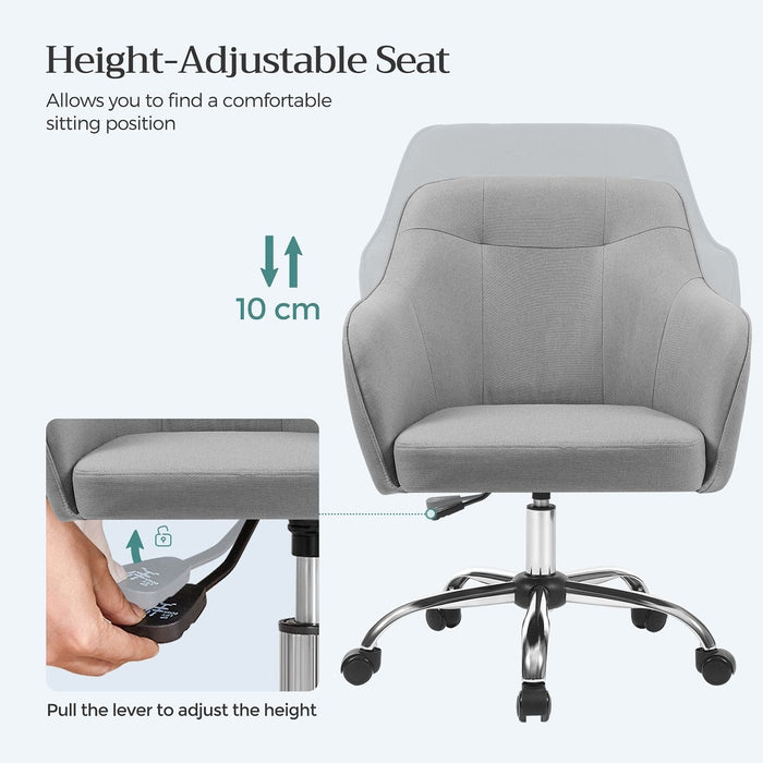 Image of a grey fabric modern office chair with wheels