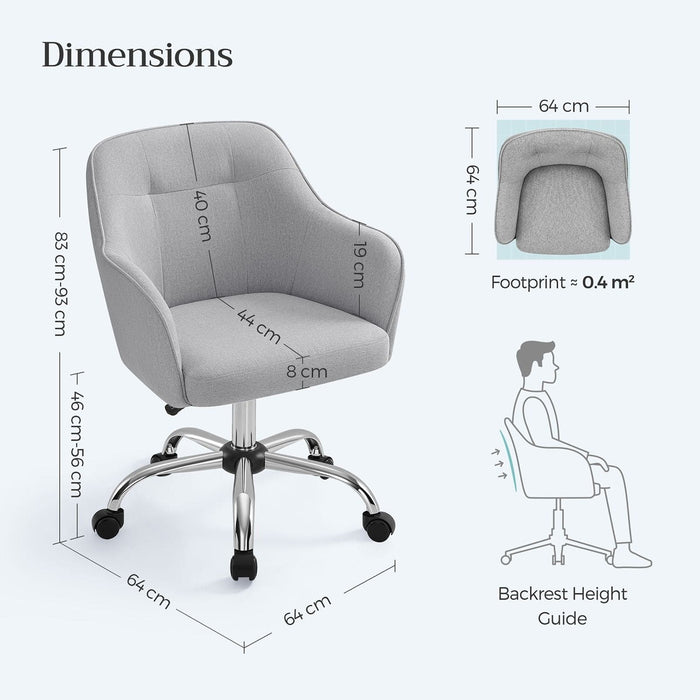 Image of a modern office chair upholstered in a stylish grey linen fabric with wheels and adjustable height.