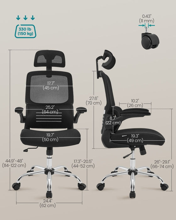 Image of a black Ergonomic Desk Chair with Wheels, Arms, and Adjustable Headrest.