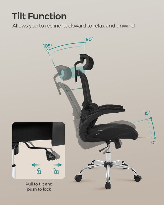 Image of a black Ergonomic Desk Chair with Wheels, Arms, and Adjustable Headrest.