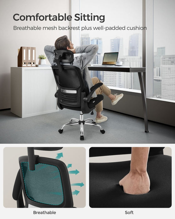 Image of a black Ergonomic Desk Chair with Wheels, Arms, and Adjustable Headrest.