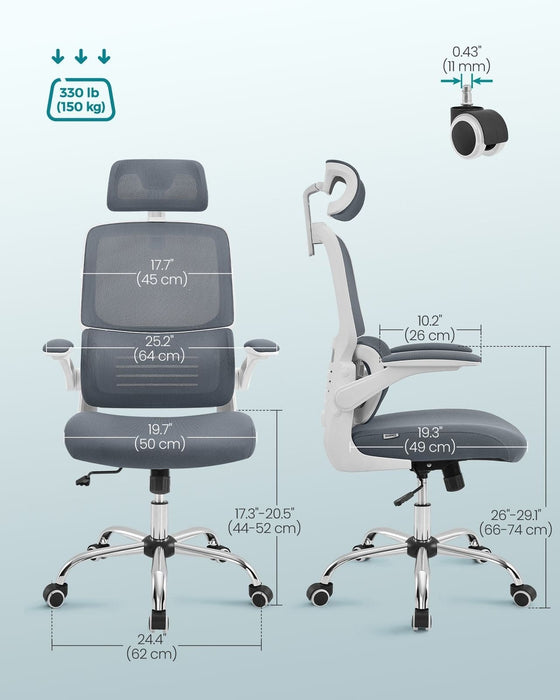 Image of a grey Ergonomic office Chair with Wheels, Arms, and Adjustable Headrest.