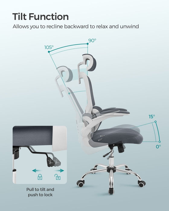 Image of a grey Ergonomic office Chair with Wheels, Arms, and Adjustable Headrest.