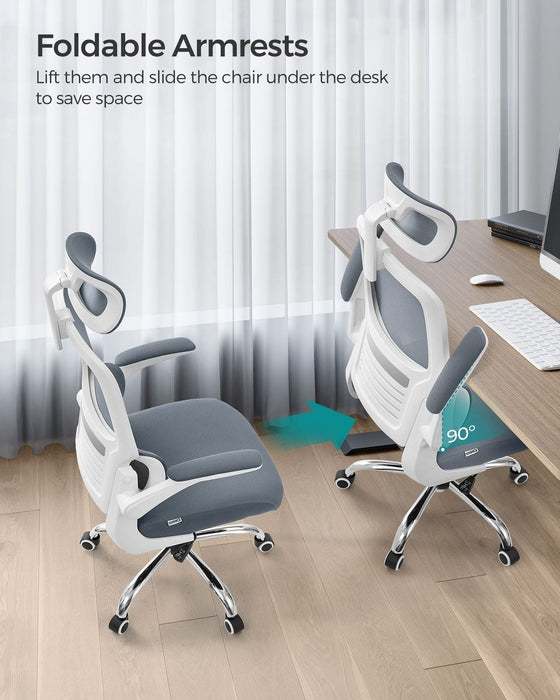 Image of a grey Ergonomic office Chair with Wheels, Arms, and Adjustable Headrest.