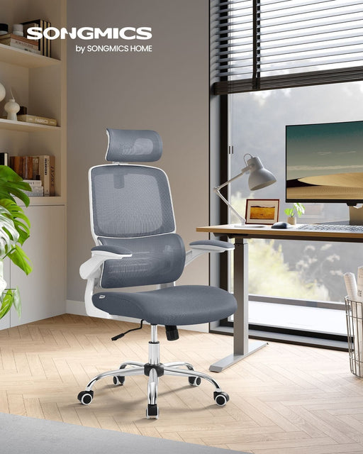 Image of a grey Ergonomic office Chair with Wheels, Arms, and Adjustable Headrest.