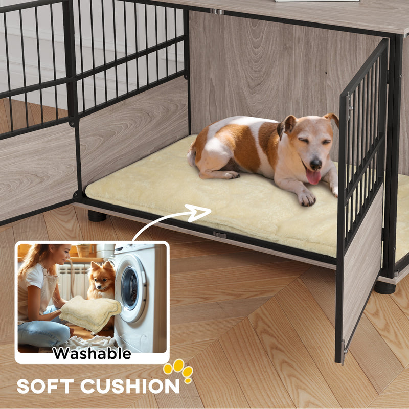 Large Dog Crate End Table with Washable Cushion and Triple Doors for Indoor Use Grey