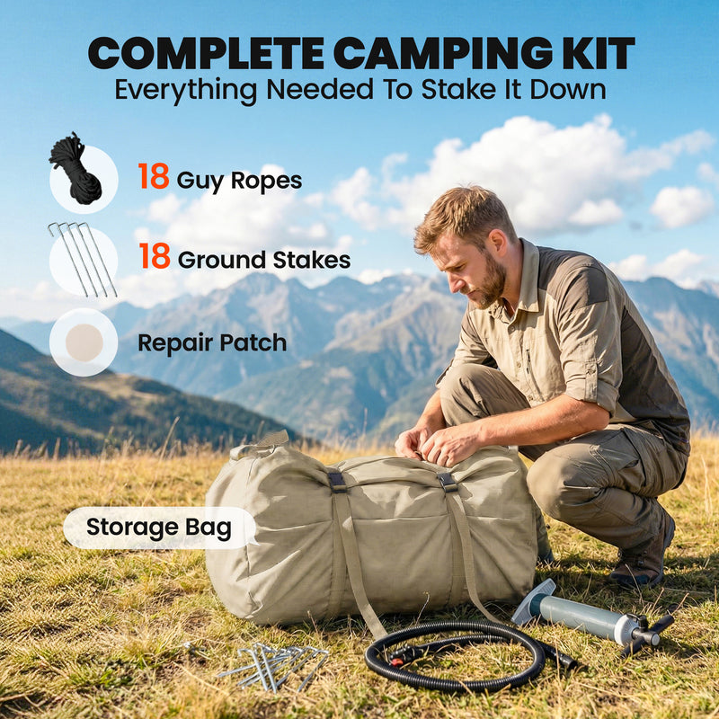 Waterproof Inflatable Camping Tent With Detachable Awning, 6-8 Person, Khaki