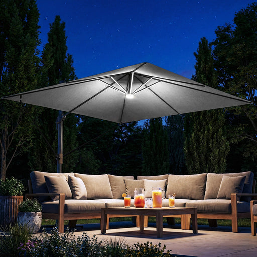 Square Cantilever Parasol with Lights and UPF 30+ Adjustable Shade for Patio, Light Grey