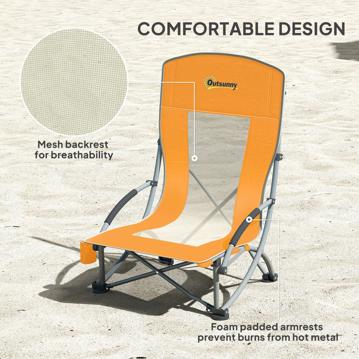 Set of 2 Orange Folding Beach Chairs with Mesh Back Cup Holder and Carry Bag for Outdoor Use
